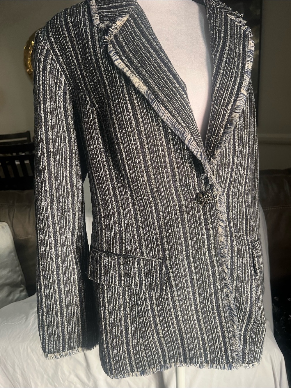 Vintage Chico’s Tweed Blazer Size 3 Fringe Jeweled Button XL Jacket